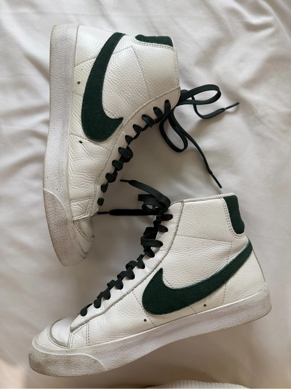 White Nike Blazers with Dark Green Swoosh